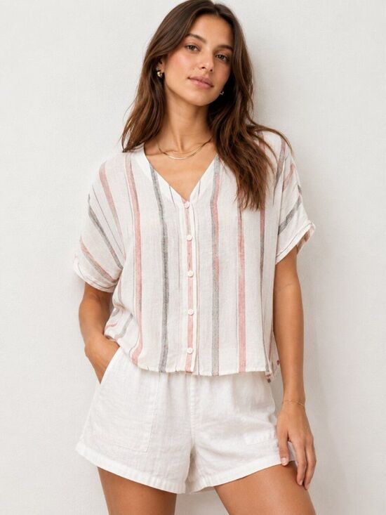 beachlunchlounge Tops - BeachLunchLounge White Striped Button Up Blouse Linen Size Medium Coastal Soft